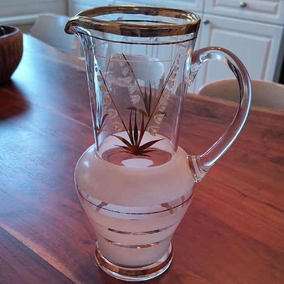 Vintage Hand Painted Enamel Lily-of-the-Valley Hand Blown Glass Pitcher. - Picture 1 of 3